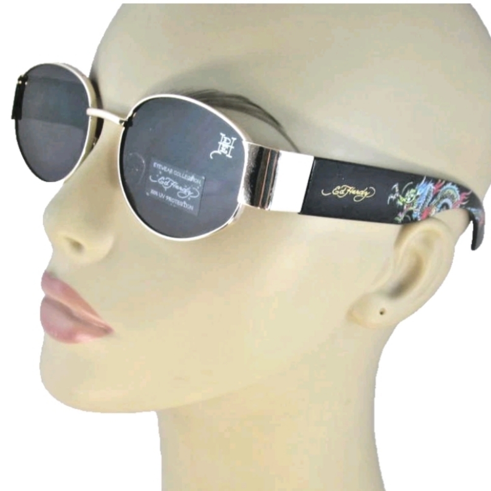 NEW Ed Hardy Black & Gold Metal Frame Sunglasses with Colorful Dragon Art on Ear